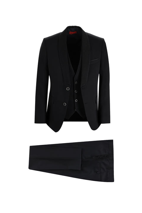 Black 7 Drop Slim Fit Narrow Cut Shawl Collar Tuxedo & Groom Suit