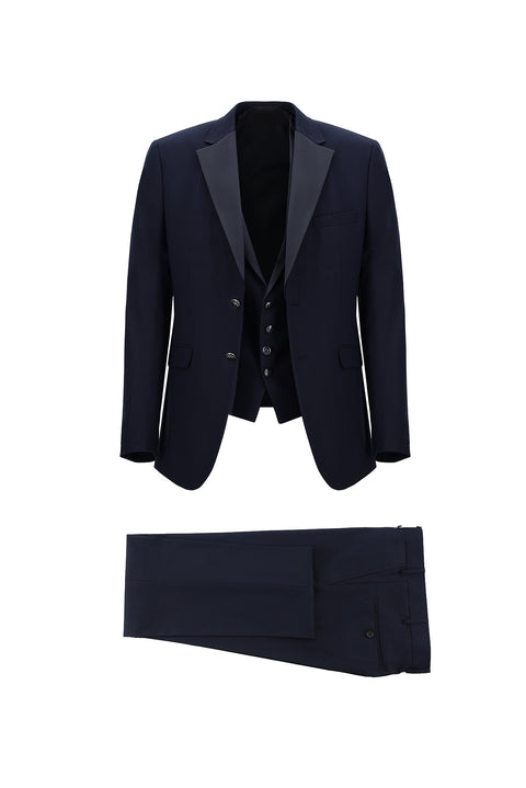Medium Navy 7 Drop Slim Fit Narrow Cut Mono Collar Vest Tuxedo & Groom Suit