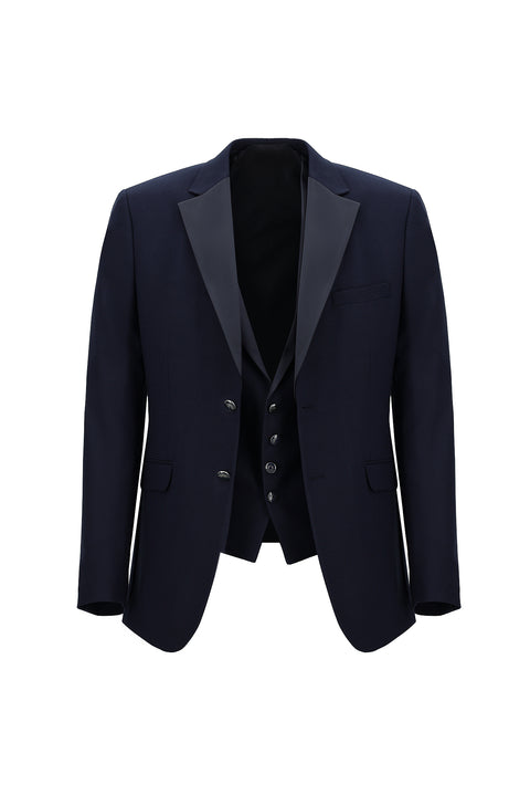 Medium Navy 7 Drop Slim Fit Narrow Cut Mono Collar Vest Tuxedo & Groom Suit
