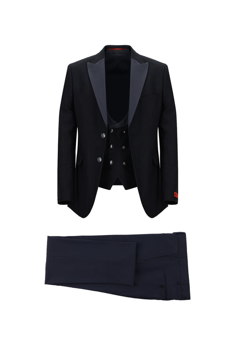 Dark Navy 7 Drop Slim Fit Narrow Cut Shawl Collar Vest Tuxedo & Groom Suit