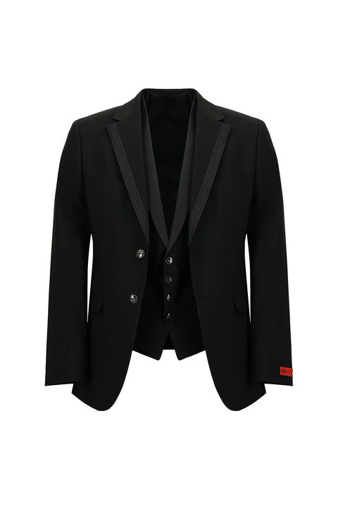 Siyah 7 Drop Slim Fit Dar Kesim Mono Yaka Yelekli Smokin & Damatlık
