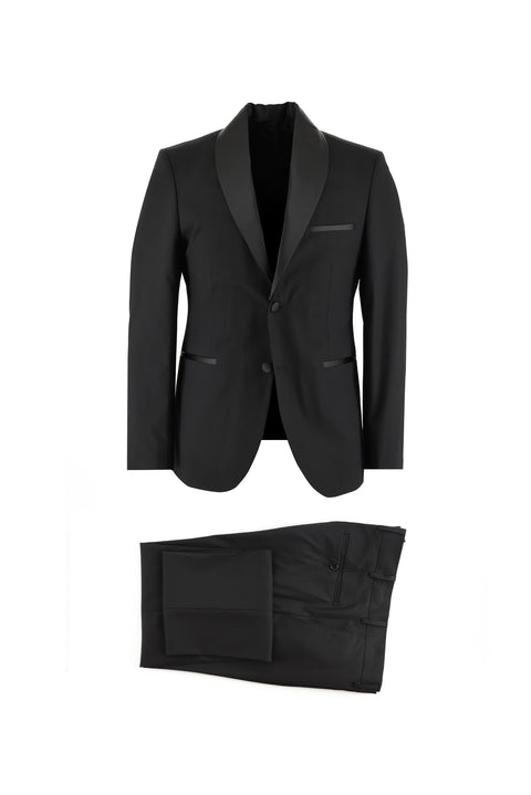 Siyah 7 Drop Slim Fit Dar Kesim Şal Yaka Smokin & Damatlık