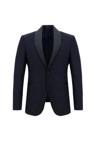  Koyu Lacivert 7 Drop Slim Fit Dar Kesim Şal Yaka Smokin & Damatlık