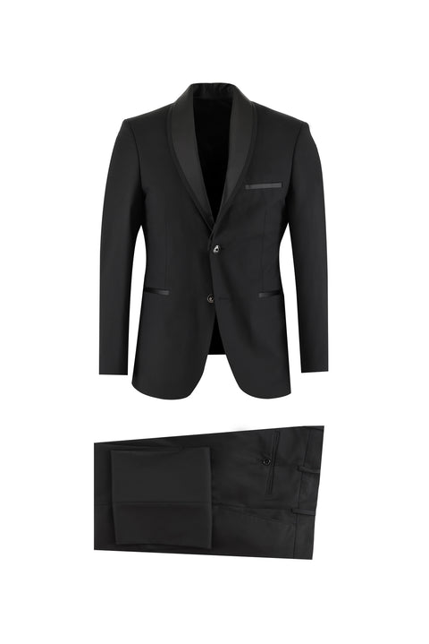 Black 7 Drop Slim Fit Narrow Cut Shawl Collar Tuxedo & Groom Suit