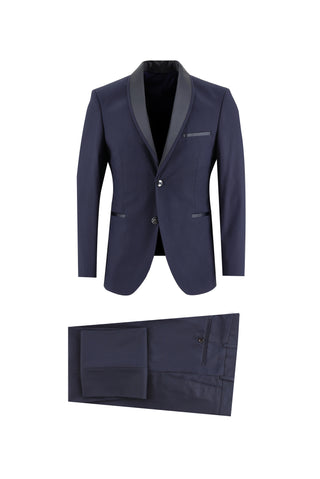  Koyu Lacivert 7 Drop Slim Fit Dar Kesim Şal Yaka Smokin & Damatlık