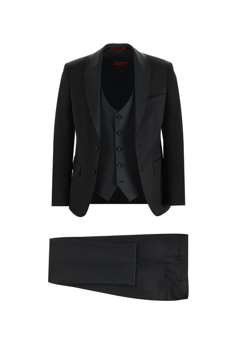 Siyah 7 Drop Slim Fit Dar Kesim Şal Yaka Yelekli Smokin & Damatlık