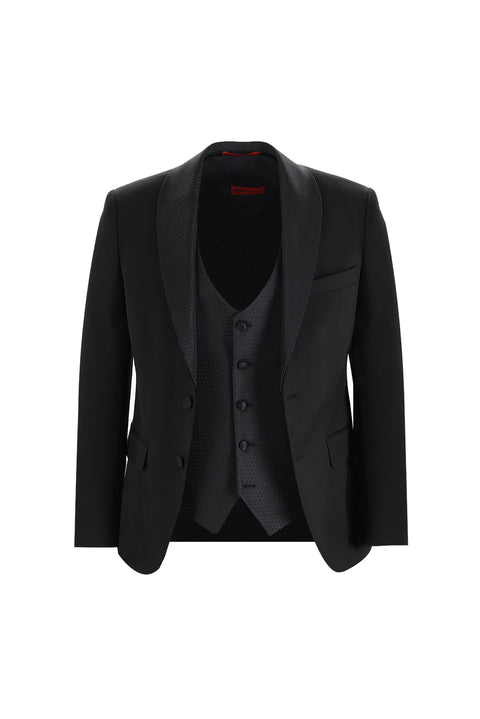 Siyah 7 Drop Slim Fit Dar Kesim Şal Yaka Yelekli Smokin & Damatlık