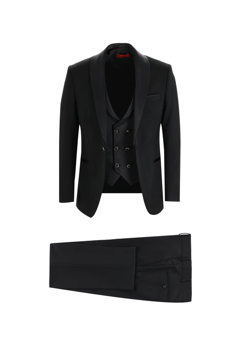 Siyah 7 Drop Slim Fit Dar Kesim Şal Yaka Yelekli Smokin & Damatlık