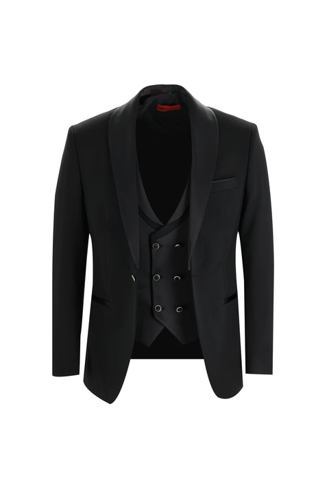 Siyah 7 Drop Slim Fit Dar Kesim Şal Yaka Yelekli Smokin & Damatlık