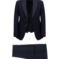 Koyu Lacivert 7 Drop Slim Fit Dar Kesim Şal Yaka Yelekli Smokin & Damatlık