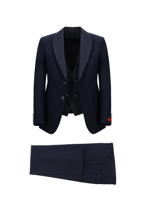 Koyu Lacivert 7 Drop Slim Fit Dar Kesim Şal Yaka Yelekli Smokin & Damatlık