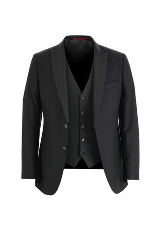  Siyah 7 Drop Slim Fit Dar Kesim Sivri Yaka Yelekli Smokin & Damatlık