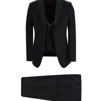 Siyah 7 Drop Slim Fit Dar Kesim Sivri Yaka Yelekli Smokin & Damatlık