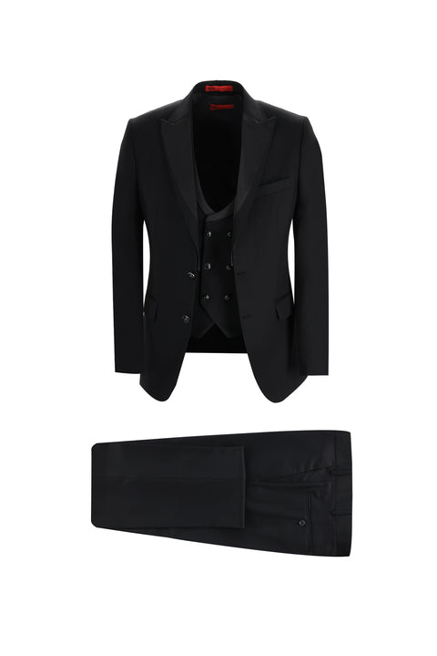 Siyah 7 Drop Slim Fit Dar Kesim Sivri Yaka Yelekli Smokin & Damatlık