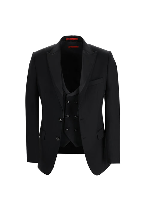 Siyah 7 Drop Slim Fit Dar Kesim Sivri Yaka Yelekli Smokin & Damatlık