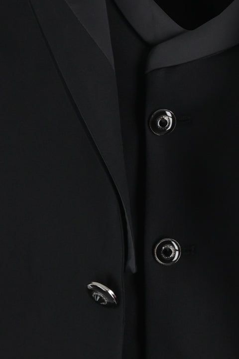 Siyah 7 Drop Slim Fit Dar Kesim Sivri Yaka Yelekli Smokin & Damatlık