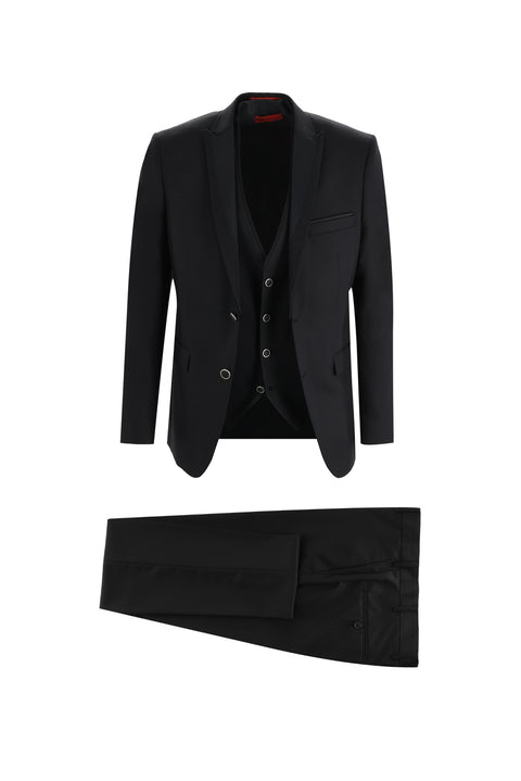 Siyah 7 Drop Slim Fit Dar Kesim Sivri Yaka Yelekli Smokin & Damatlık