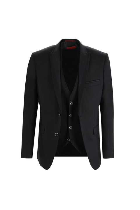 Siyah 7 Drop Slim Fit Dar Kesim Sivri Yaka Yelekli Smokin & Damatlık