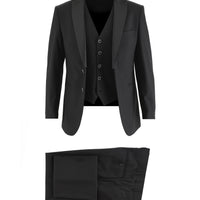 Siyah 7 Drop Slim Fit Dar Kesim Sivri Yaka Yelekli Smokin & Damatlık