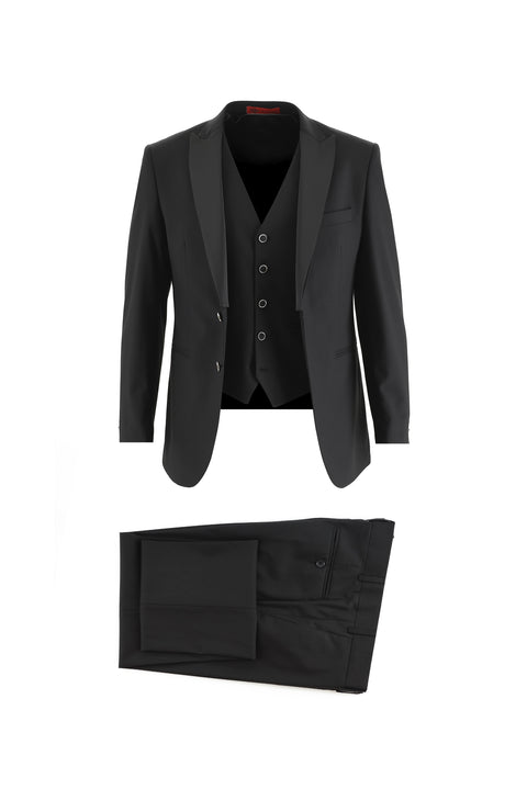 Siyah 7 Drop Slim Fit Dar Kesim Sivri Yaka Yelekli Smokin & Damatlık
