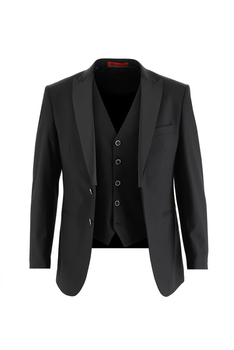 Siyah 7 Drop Slim Fit Dar Kesim Sivri Yaka Yelekli Smokin & Damatlık