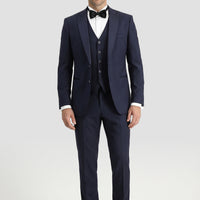 Koyu Lacivert 7 Drop Slim Fit Dar Kesim Sivri Yaka Yelekli Smokin & Damatlık