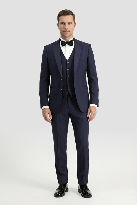 Koyu Lacivert 7 Drop Slim Fit Dar Kesim Sivri Yaka Yelekli Smokin & Damatlık