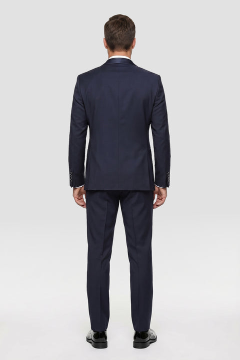Koyu Lacivert 7 Drop Slim Fit Dar Kesim Sivri Yaka Yelekli Smokin & Damatlık