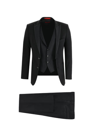  Siyah 7 Drop Slim Fit Dar Kesim Sivri Yaka Yelekli Smokin & Damatlık