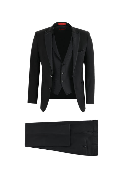 Black 7 Drop Slim Fit Narrow Cut Pointed Collar Vest Tuxedo & Groom Suit