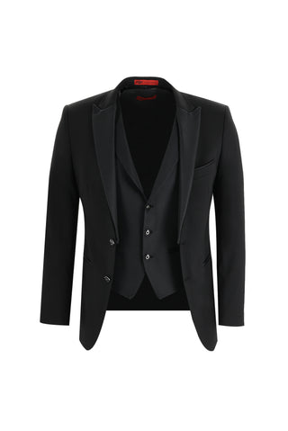  Siyah 7 Drop Slim Fit Dar Kesim Sivri Yaka Yelekli Smokin & Damatlık