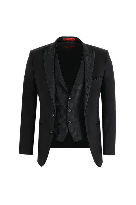 Black 7 Drop Slim Fit Narrow Cut Pointed Collar Vest Tuxedo & Groom Suit