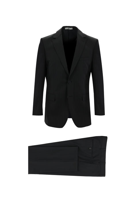 Black 6-Drop Regular Fit Standard Cut Wool Striped Suit