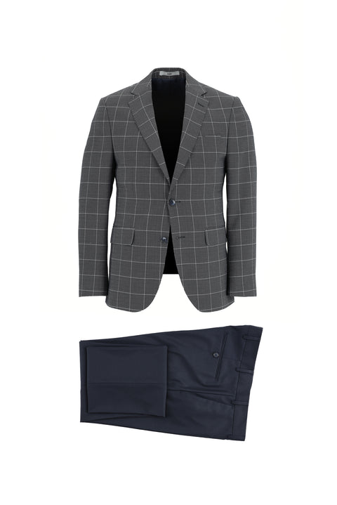 Koyu Lacivert 7 Drop Slim Fit Dar Kesim Kombinli Yelekli Kareli Takım Elbise