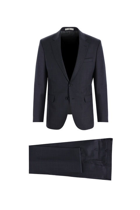 Dark Navy 4-Drop Relaxed Fit Wool Plaid Suit
