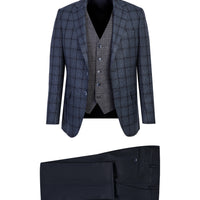 Dark Navy 7 Drop Slim Fit Narrow Cut Patterned Suit with Vest
