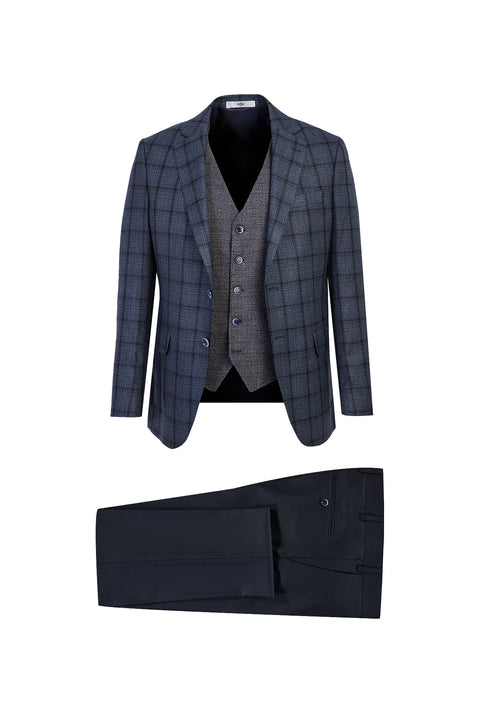 Dark Navy 7 Drop Slim Fit Narrow Cut Patterned Suit with Vest