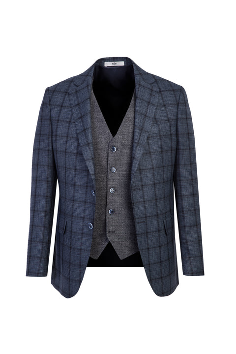 Dark Navy 7 Drop Slim Fit Narrow Cut Patterned Suit with Vest