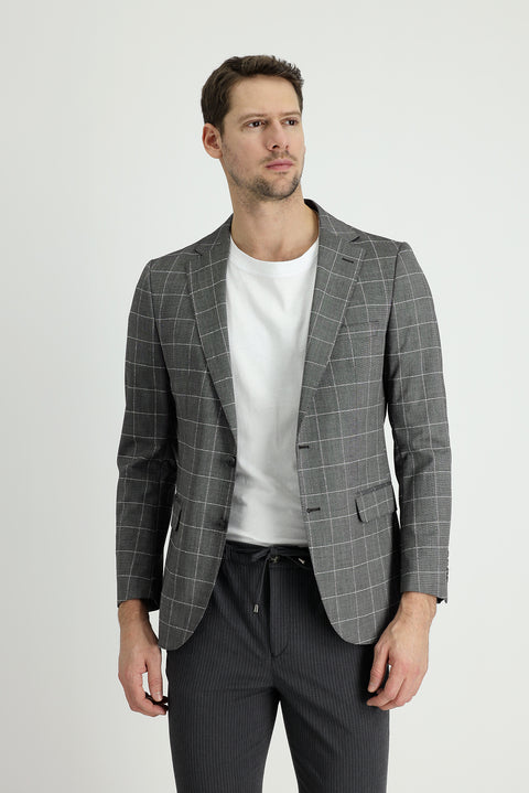 Medium Grey 4 Drop Relaxed Fit Plaid Jacket