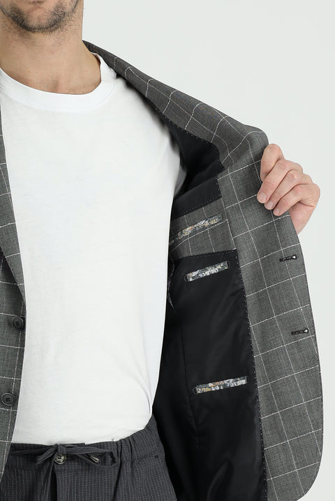 Medium Grey 7 Drop Slim Fit Plaid Jacket