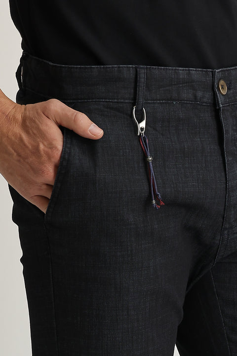 Black Regular Fit Standard Cut Lycra Denim Look Trousers