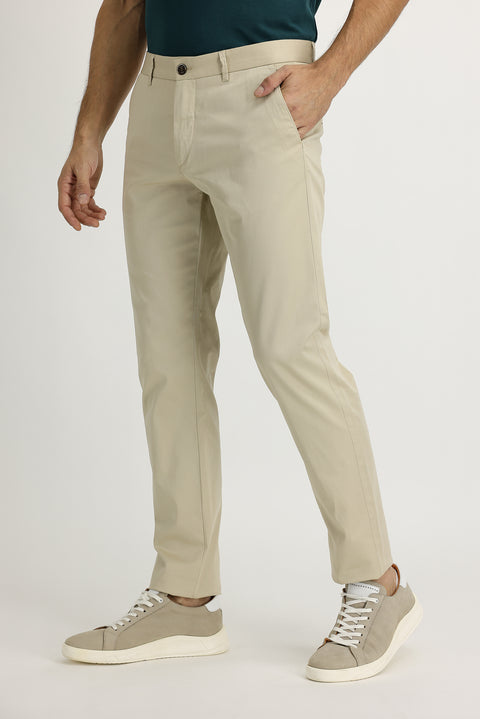 Light Beige Slim Fit Skinny Cut Sateen Stretch Canvas / Chino Trousers