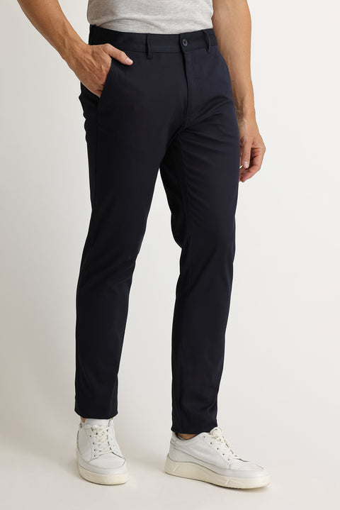Dark Navy Regular Fit Standard Cut Eyelet Lycra Canvas / Chino Trousers