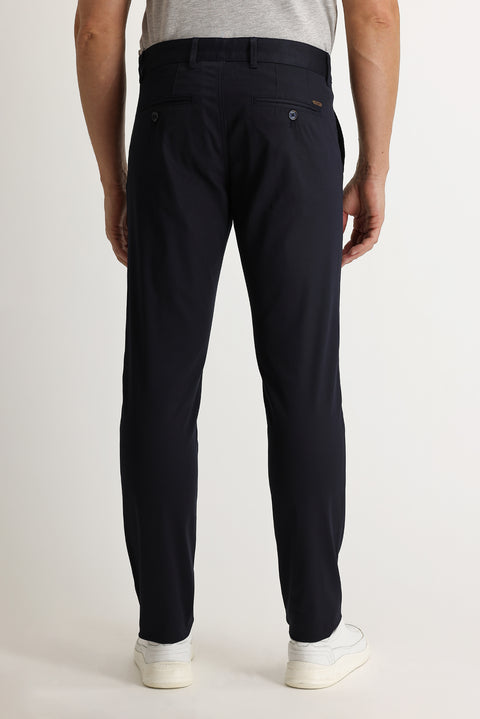 Dark Navy Regular Fit Standard Cut Eyelet Lycra Canvas / Chino Trousers