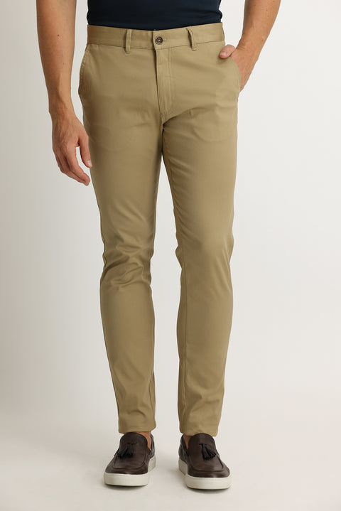Light Camel Regular Fit Standard Cut Eyelet Lycra Canvas / Chino Trousers