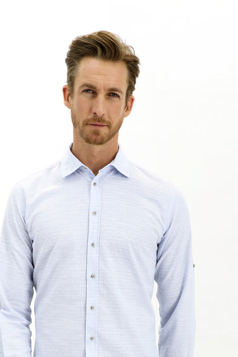 Light Blue Long-Sleeve Patterned Cotton Shirt