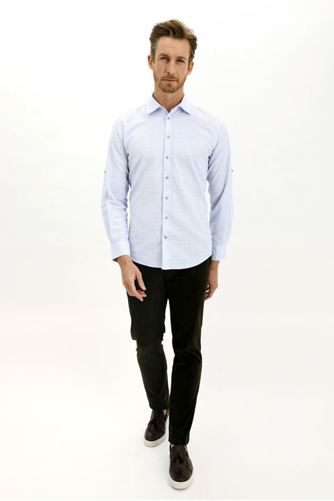 Light Blue Long-Sleeve Patterned Cotton Shirt
