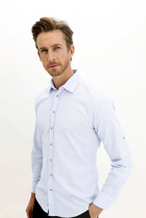 Light Blue Long-Sleeve Patterned Cotton Shirt