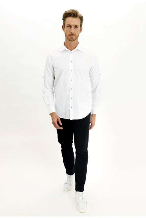 White Long-Sleeve Patterned Cotton Shirt