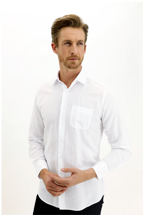 White Long-Sleeve Patterned Cotton Shirt